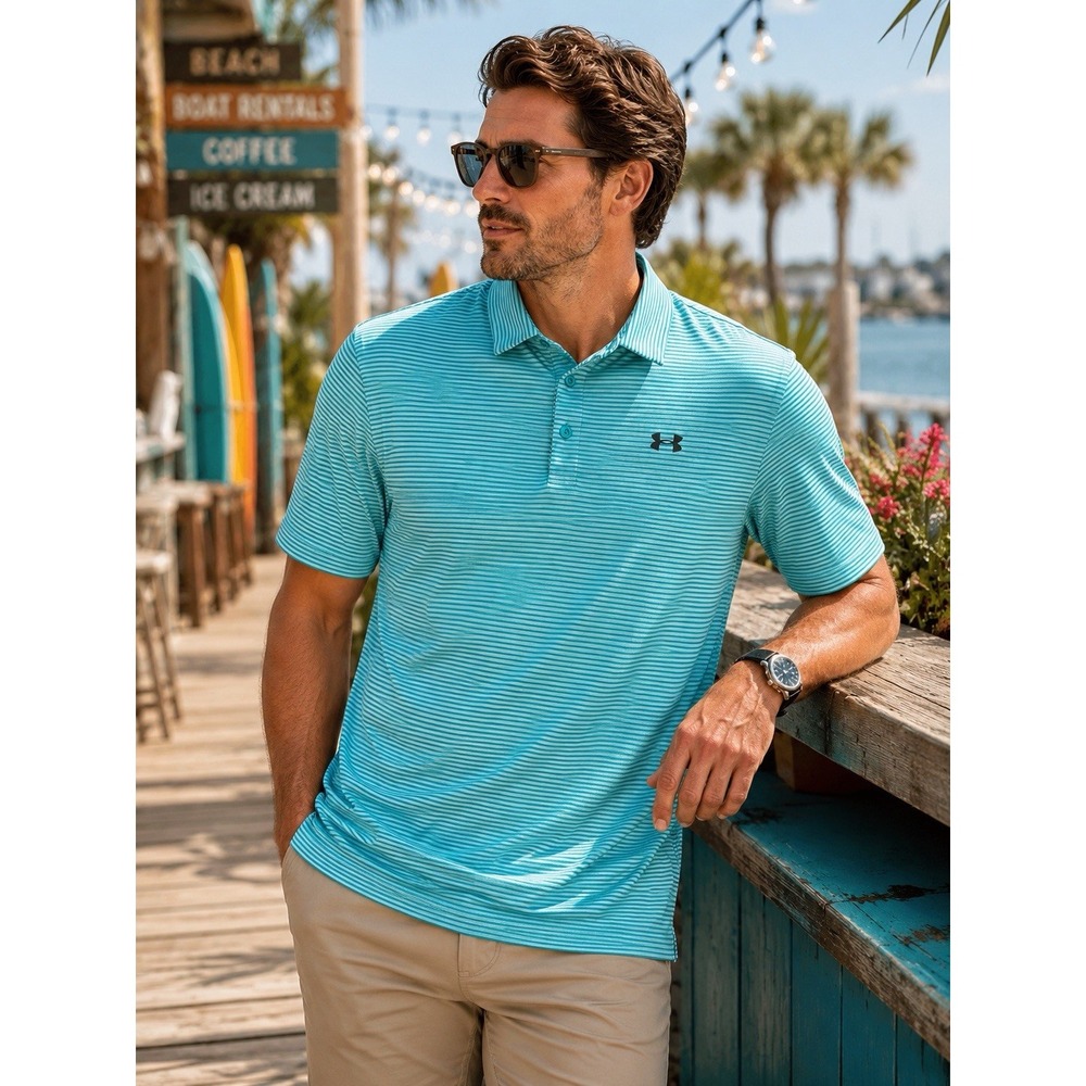 Under Armour HeatGear Men's Golf Polo XL Loose Fit Teal Gray Striped